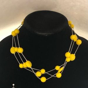 Vtg Lemon Bright Yellow Faceted Beaded Chain Necklace & Earrings 3 Strand 17”